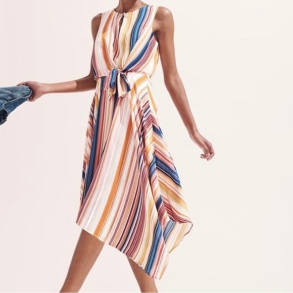 Dress Barn Dresses & Skirts - Dressbarn Sleeveless Tie Sash Waist Asymmetrical Striped Colorful Swing Dress